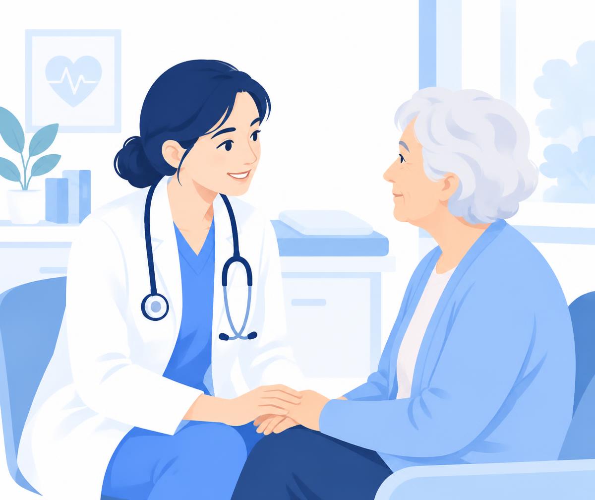 Estudante de medicina conversando com paciente